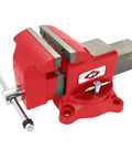 Red Swivel Bench Vise Six Inch Opening With Three And A Half Inch Throat, 360 Degree Rotating Base With Lock Down on white background.