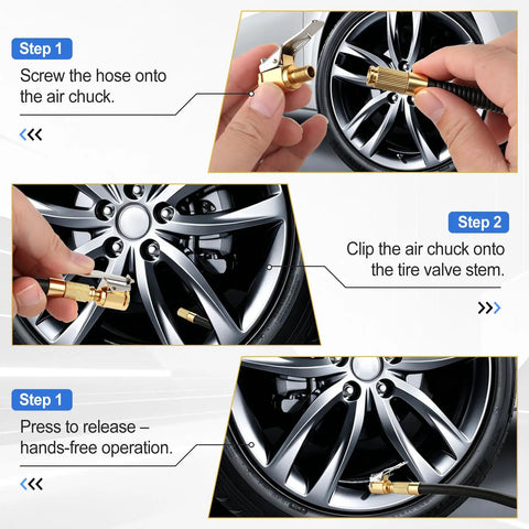 Hands connecting Two Pack Tire Air Chuck With Clip Adapter 8mm Quick Connect Brass Locking Nozzle to tire valve on car wheel