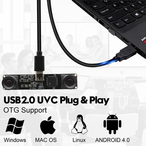 1080P 60FPS USB Camera Module With Dual M12 Lenses And 3840x1080 Resolution connected to laptop via USB, showing compatibility icons