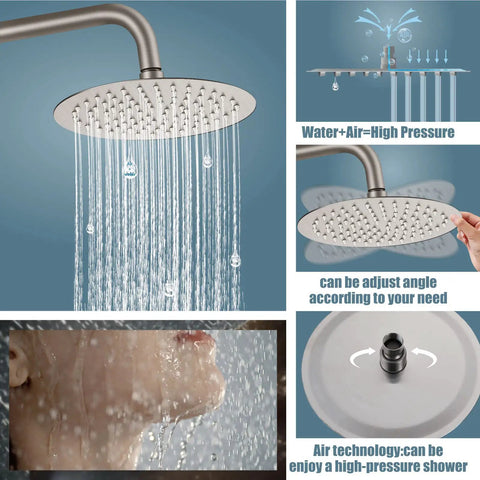 Outdoor Shower Faucet With 8 Inch Rainfall Shower Head Stainless Steel SUS304 All Metal Set Hand Spray 3 Function Combo Brushed Nickel Finish Built Tough For Durable Outdoor Showers showing adjustable shower head with water flow.