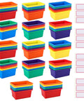84 Pack Plastic Cubby Bins For Classroom Storage Rainbow Organizer With Label Stickers, colored plastic storage bins stacked.