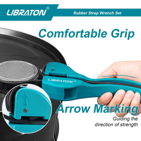 Two Piece Rubber Strap Wrench Set For Auto Oil Filter Jar Lids Adjustable From 10mm To 150mm being used on a jar lid