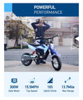 Child standing beside Kids Electric Dirt Bike 36V 300W Ride On With Quiet Hydraulic Suspension Long Range Up To 13.7 Miles 3 Speed Modes