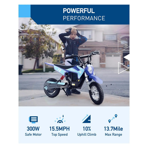 Child standing beside Kids Electric Dirt Bike 36V 300W Ride On With Quiet Hydraulic Suspension Long Range Up To 13.7 Miles 3 Speed Modes