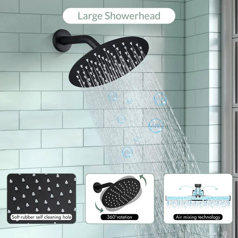 Matte Black Tub Spout With Handheld Sprayer Shower System 8 Inch Rainfall Shower Head in use, wall-mounted, waterfall design.