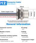 Diagram of IP67 Waterproof M12 4 Pin A Coded Female Bulkhead Connector Cable 0.2M 2 Pack with dimensions and specifications.