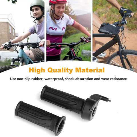Two cyclists using bikes equipped with full twist throttle grip featuring non-slip ABS and 3 pin waterproof connector, product displayed below