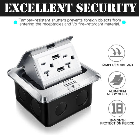 Two Pack Pop Up Floor Electrical Outlet Cover Kit With USB Charger 4.8A and 20 Amp Capacity Weatherproof Tamper Resistant Receptacle