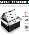 Legit Heavy Duty Pop Up Floor Electrical Outlet Cover With 20 Amp Power And Quick Usb Charging Silver Retractable Recessed Socket for indoor outdoor use, showing tamper-resistant design and aluminum alloy shell.