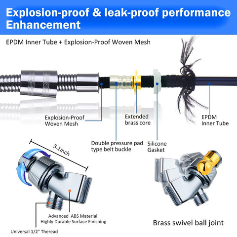High Pressure Handheld Shower Head With Turbo Fan Hydro Jet, hose components including EPDM inner tube and brass swivel joint