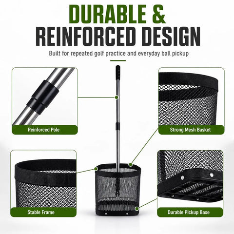 Golf Ball Picker Upper With Cleaning Towel, Turf Friendly 5 Spring Base, Reinforced Pole, Mesh Basket in four highlighted views.