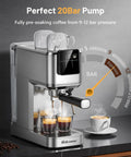 Heavy Hitter 20 Bar Espresso Machine Featuring A Sleek Beige Finish Built In Frother For Silky Lattes Quick Cold Brew Option And Zero Hassle Daily Grind Routine showing dual espresso extraction with 20 bar pressure.