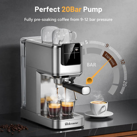 Heavy Hitter 20 Bar Espresso Machine Featuring A Sleek Beige Finish Built In Frother For Silky Lattes Quick Cold Brew Option And Zero Hassle Daily Grind Routine showing dual espresso extraction with 20 bar pressure.