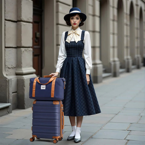 TAKUMI navy ABS+PC luggage set; 2-piece front view with a duffel bag atop a rolling suitcase