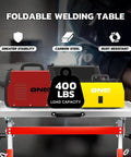 Foldable carbon steel welding table with 400 lb capacity, red and yellow panels, and stable base with wheels, ideal for garages.