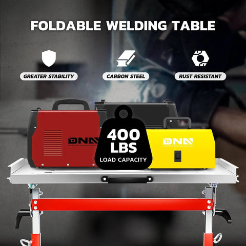 Foldable carbon steel welding table with 400 lb capacity, red and yellow panels, and stable base with wheels, ideal for garages.