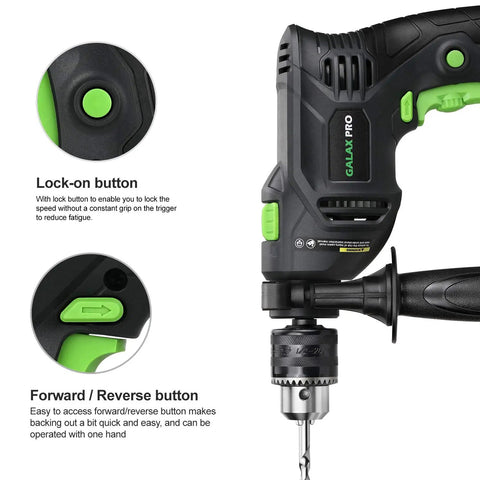 Pro-Grade 5 Amp Half Inch Hammer Drill Kit With 105 Accessories, Variable Speed To 3000 RPM, focus on lock-on and reverse buttons