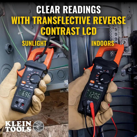 Digital Clamp Meter With True RMS And LoZ Auto Ranging displaying clear readings in sunlight and indoors.