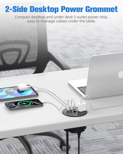 Premium 100W USB C Desktop Power Grommet With Compact Layout Featuring GAN Fast Charging with 5 outlets for easy desk setup.