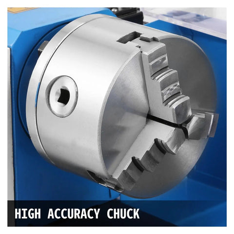 High accuracy chuck on 550W Mini Benchtop Metal Lathe Machine With Stainless Steel Body And Infinitely Variable Speed for precise DIY projects.