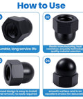 Four black knobs from 35Pcs Thread Cap Hex Knob Set Black M3 To M12 Carbon Steel Ball Lamp Decoration And Light Fixture Fastening Nuts