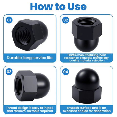 Four black knobs from 35Pcs Thread Cap Hex Knob Set Black M3 To M12 Carbon Steel Ball Lamp Decoration And Light Fixture Fastening Nuts