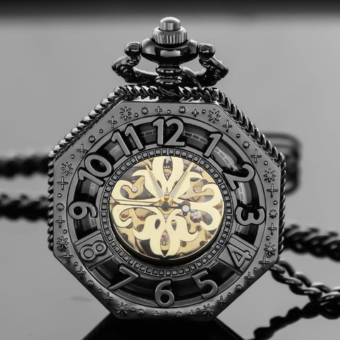 Vintage Hand Winding Mechanical Pocket Watch For Men With Chain And Gift Box, Black Finish, Arabic Numeral Dial