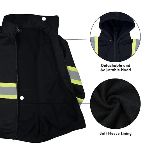 High Visibility Hoodie For Men With Reflective ANSI Class 3 Safety, Detachable Hood And Stand Collar, showing black fleece lining