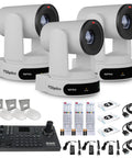 Slick Three Camera Streaming Kit Featuring Dang Good 4K Optical Zoom For Heavy Duty Livestreaming And Video Conferencing Plus Superjoy Control Joystick Mount And White Brackets with PTZ cameras and control panel.