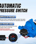 Quiet 12V RV Water Diaphragm Pump Replacement For Camper Marine Boat Travel Trailer And Off Grid Use On Demand Self Priming With Adjustable Pressure Switch 3 Point 5 GPM 45 PSI with blue housing and pressure tuning instructions.