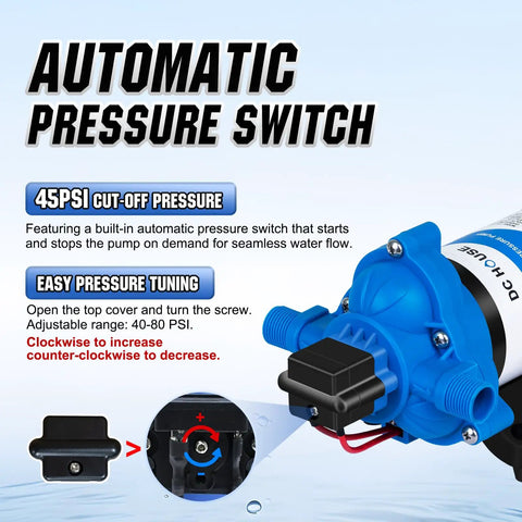 Quiet 12V RV Water Diaphragm Pump Replacement For Camper Marine Boat Travel Trailer And Off Grid Use On Demand Self Priming With Adjustable Pressure Switch 3 Point 5 GPM 45 PSI with blue housing and pressure tuning instructions.