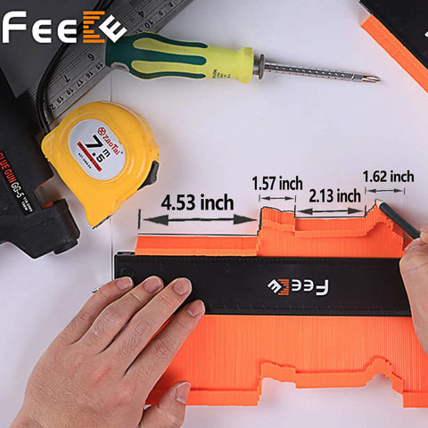 12 Inch Contour Gauge With Lock Profile Tool for Woodworking and Carpentry shown in use with precise measurements.