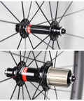 Ultra Light Carbon Road Wheelset 700C Rim Brake 20 To 24 Holes 1502g Pair hubs close-up, T700 T800 build, cold forge hubs