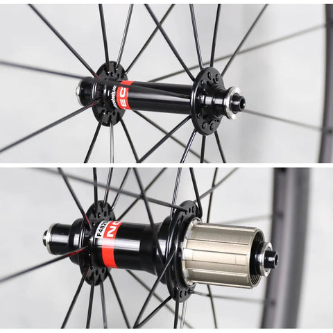 Ultra Light Carbon Road Wheelset 700C Rim Brake 20 To 24 Holes 1502g Pair hubs close-up, T700 T800 build, cold forge hubs