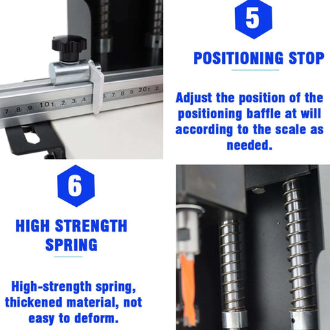 HQHAOTWU portable hinge-boring drill press with ruler guide and clamp on a metal body.