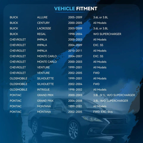 Vehicle fitment list for Front CV Axle Shafts Drive Assembly Pair For Chevrolet Impala Buick Lacrosse Century Regal Monte Carlo
