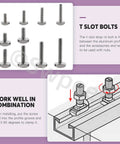 Diagram showing 50Pcs T Slot Bolt Kit With 10 Sizes M5 M6 In Stainless Steel Hammer Head Bolts used in aluminum profiles.