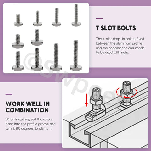 Diagram showing 50Pcs T Slot Bolt Kit With 10 Sizes M5 M6 In Stainless Steel Hammer Head Bolts used in aluminum profiles.