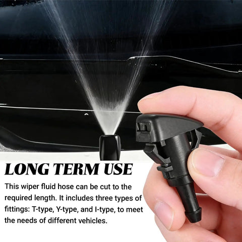 Top Shelf Universal Windshield Washer Hose Repair Kit With Four Meter Fluid Tubing showing spray nozzle in hand for easy installation.