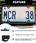 Stainless Steel License Plate Holder No Drill Front Mount Kit with close-up details on durability and mounting features.