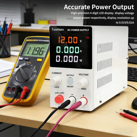 Adjustable DC Power Supply Benchtop 0 To 32V 0 To 10A Regulated Output With Digital Display next to multimeter on desk