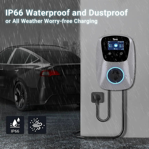 Top Tier Level 2 Electric Vehicle Charger For Tesla And All J1772 Models 48 Amp 240 V on wall, IP66 waterproof, in rain.