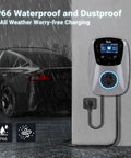 Premium Level 2 Electric Vehicle Charger With Adjustable 40 Amp Home Evse For Tesla And J1772 Models Etl Certified mounted in rain.