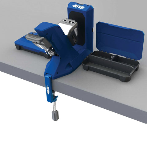 Docking Station For Pocket Hole Jigs And Woodworking Projects, Pro Grade Benchtop Workstation With Sturdy Wings, Compatible With 520 And 720 Jigs, in use.