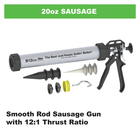 B-Line 20 Oz Manual Sausage Caulking Gun With 12:1 Drive Pro Grade Heavy Duty Aluminum Barrel 375 Lbf Thrust 120 Psi Full Size