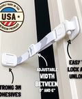 Adjustable Cat Door Latch For Interior Doors Grey Straight Up Dog Proof Heavy Duty Pet Safety Strap on door, showing adjustable features.