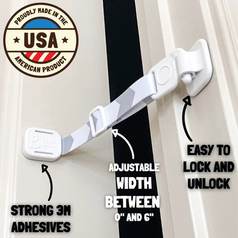 Adjustable Cat Door Latch For Interior Doors Grey Straight Up Dog Proof Heavy Duty Pet Safety Strap on door, showing adjustable features.