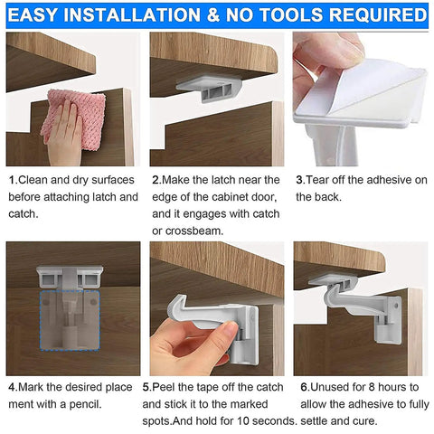 Step by step guide for installing 24 Pack Invisible Baby Cabinet Locks With Strong Adhesive Child Safety Hook Latch.