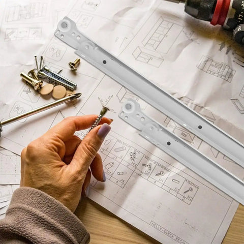 Two Pack Heavy Duty Drawer Sliders Replacement Rails, 14 Inch Cold Rolled Steel, on plans with screws and hand holding screw.