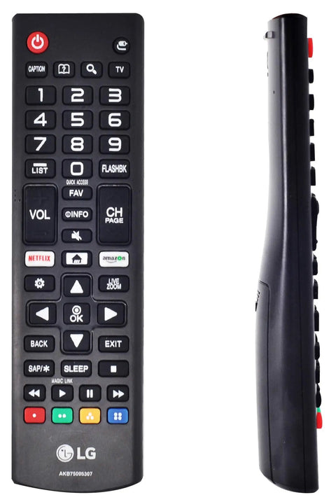 Easy Plug And Play Smart TV Remote For All LG LCD LED OLED TVs AKB75095307 No Reprogramming Needed Batteries Not Included Replacement Remote, front and side view.